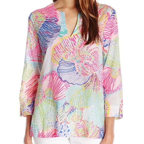 Lilly Pulitzer 100% Silk Tunic Top. Amelia Island Roar of the Seas. Size Medium - Picture 2 of 11